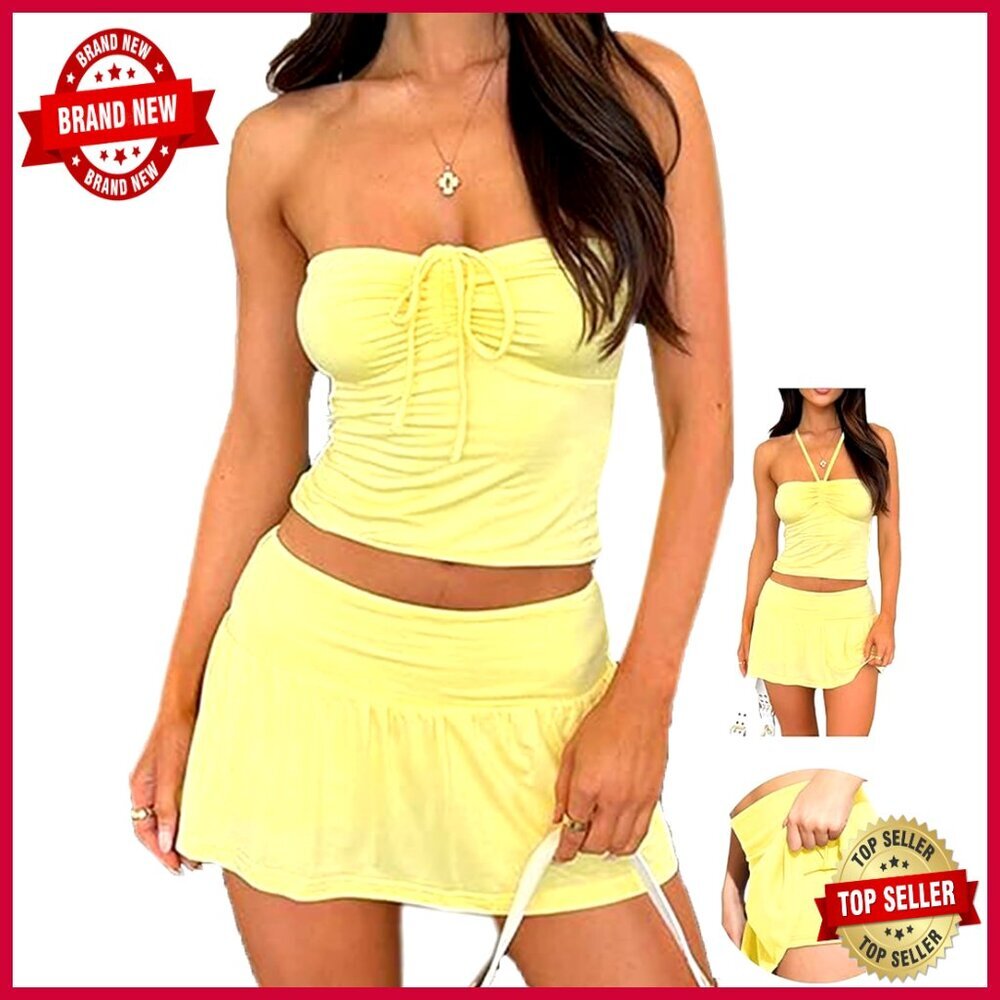 Sexy Two Piece Set Rave Outfit Y2K Tube Top Skort Summer Festival